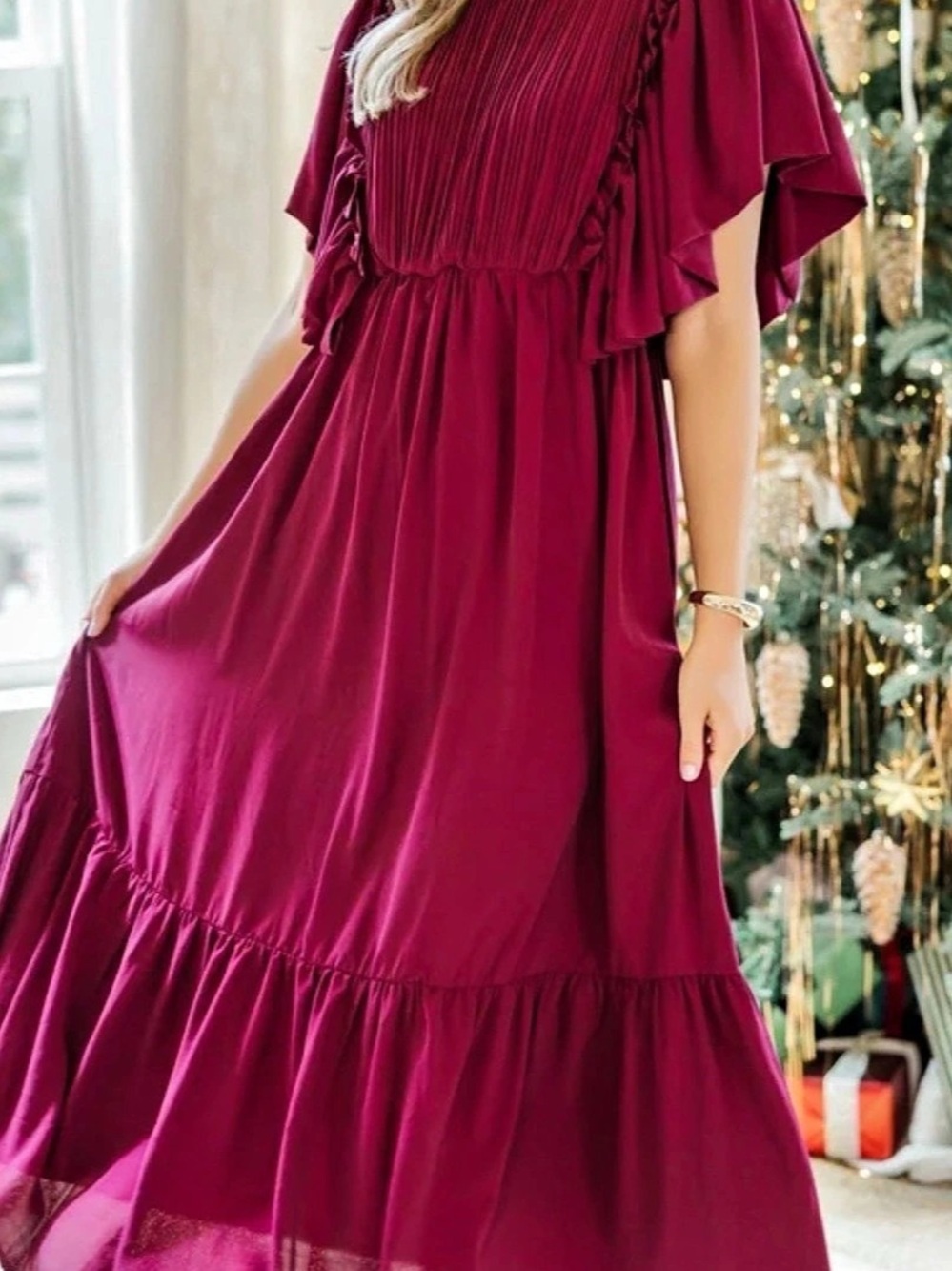 Entro Burgundy Beauty Ruffled Pleated Maxi Dress Size Medium